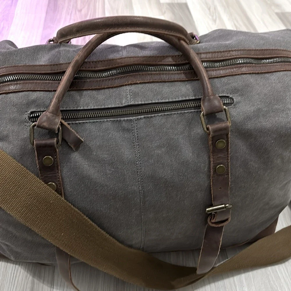 S-ZONE Travel Canvas Carry on Weekender Gray and Brown Men's Duffle Bag